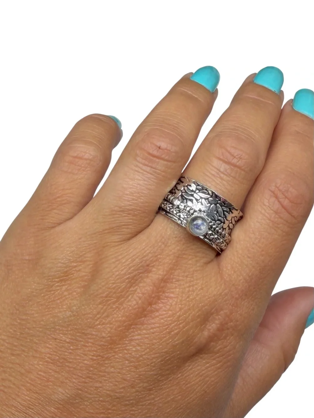 Rainbow Moonstone Spinner Thumb Ring Size 10 925 Sterling Silver Overlay